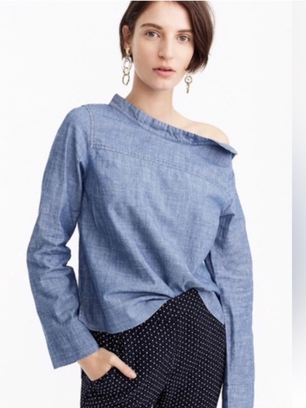 J.Crew Chambray Funnel Neck Top Blue Button Shoulder High-Low Hem Size 8